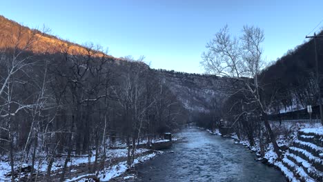 Stream-running-through-mountains-in-winter-with-snow