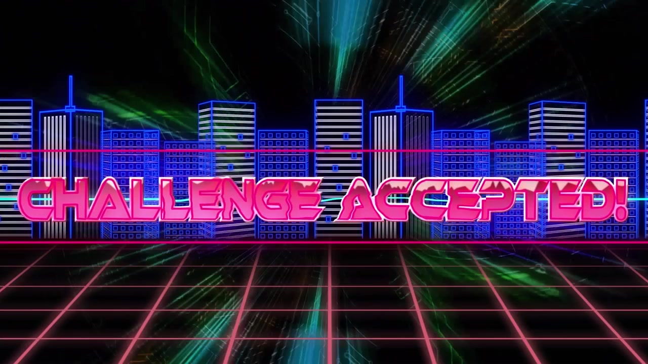 วิดีโอข้อความ "Challenge Accepted" บนลวดลายที่เรืองแสงและทิวทัศน์เมือง 3 มิติ