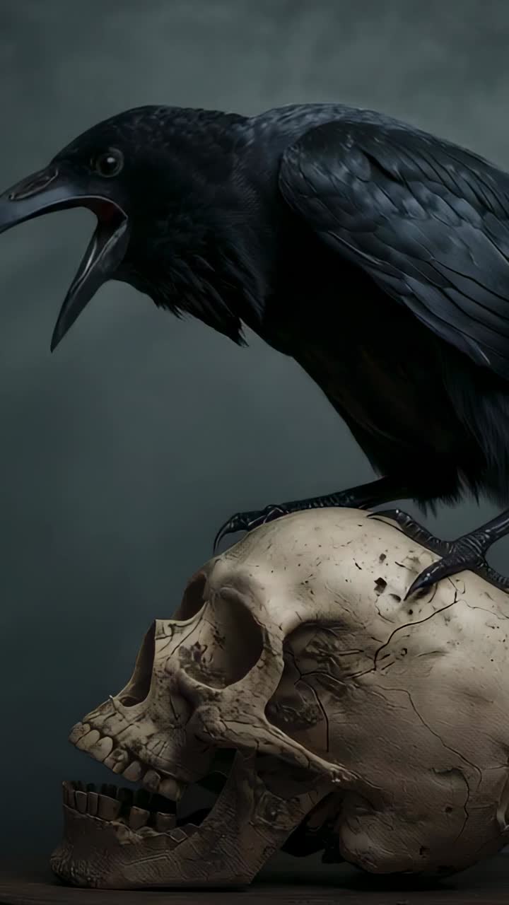 Video vertikal: Memanggil corvid hitam di awal, mengangguk-anggukkan kepala, membuka paruh di studio dengan tengkorak