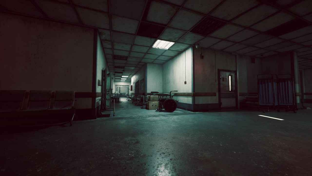 Empty hospital corridor with dim lighting creating an eerie atmosphere