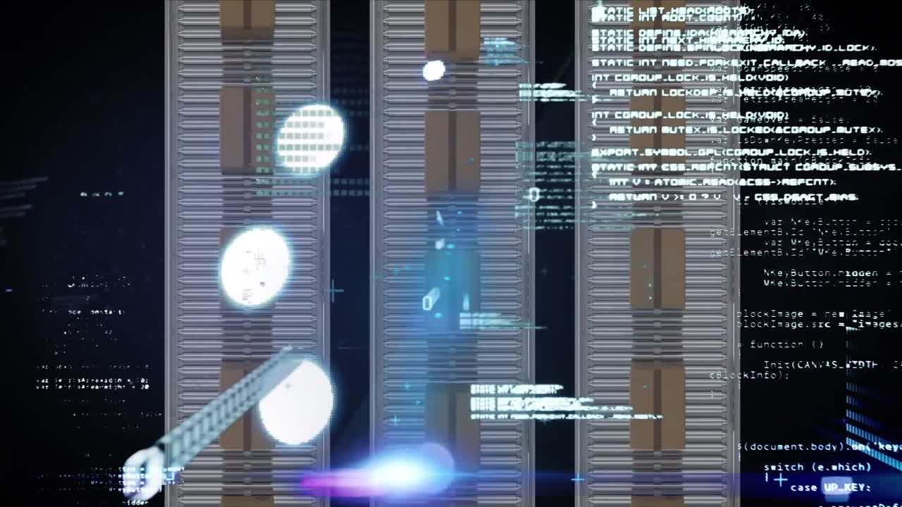 Animation of data processing over cardboard boxes on conveyor belts