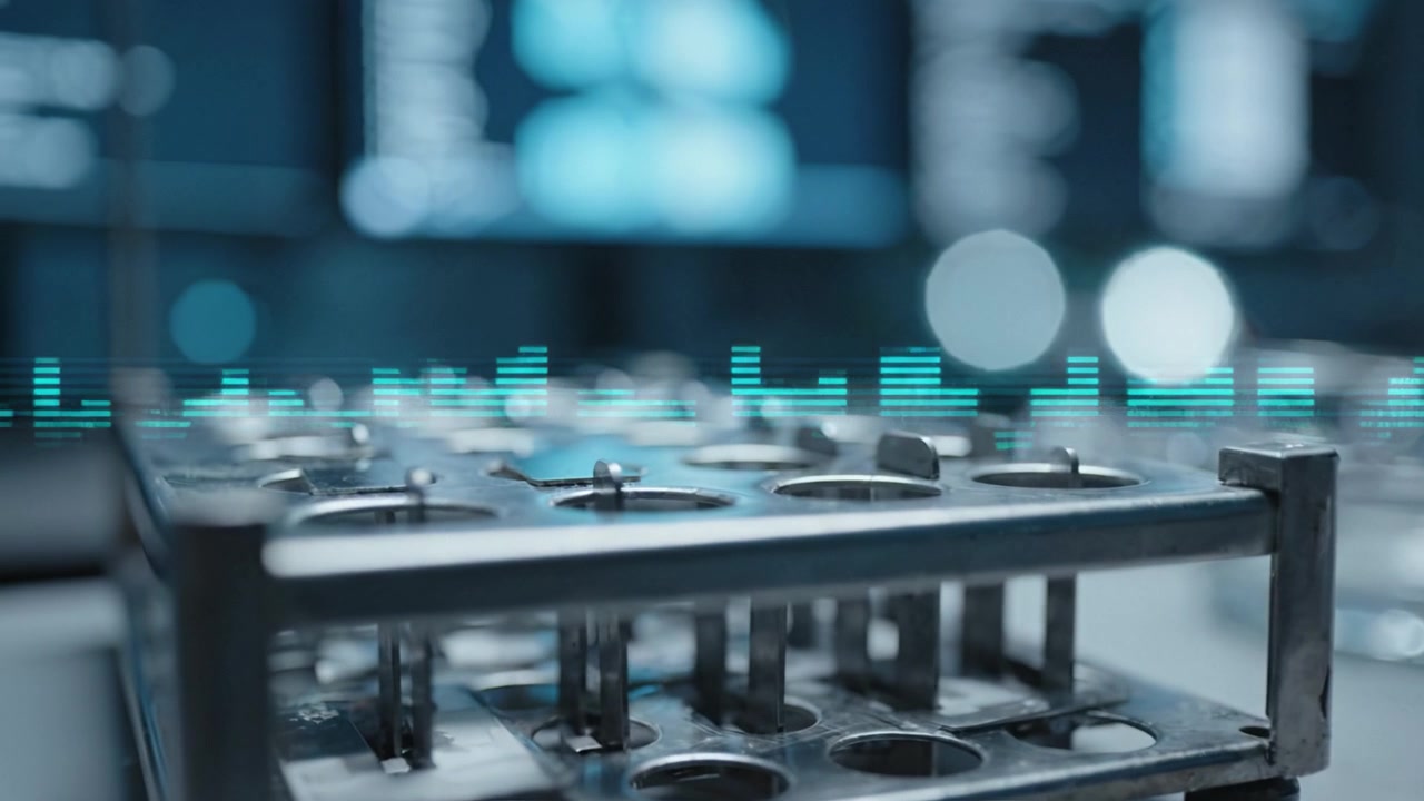 Close-Up of Laboratory Equipment with Audio Waveform Display on Multiple Monitors in Background, Highlighting Scientific Analysis and Technological Innovation
