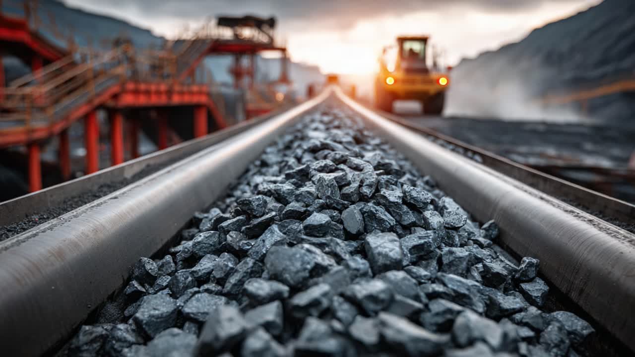 Coal Mining Scene: Close-up of Rocky Railway Tracks with Heavy Machinery in the Background During Sunset
