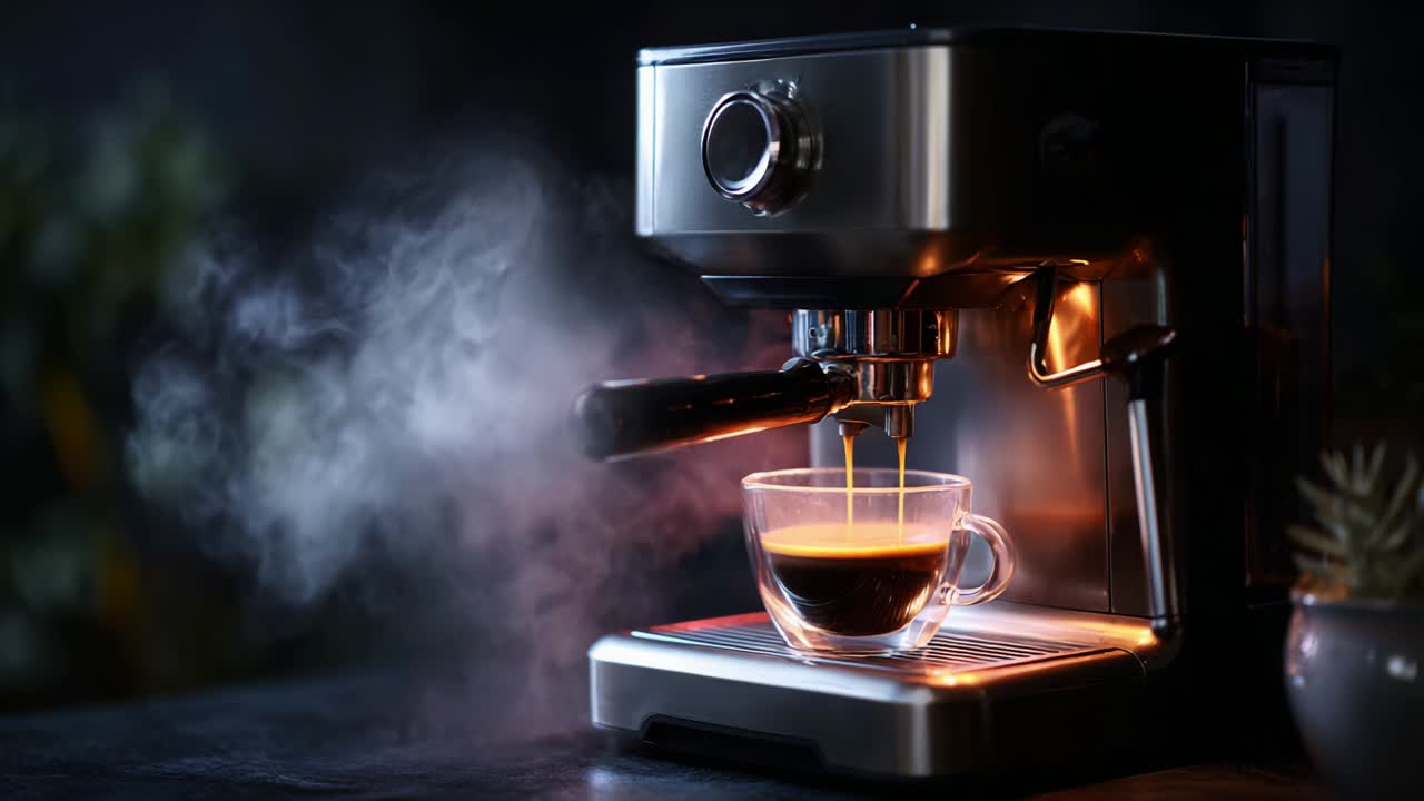 Elegant Coffee Machine Brewing Espresso with Rich Aromatic Crema in a Stylish Setting, Steam Rising, Capturing the Essence of Quality Coffee Preparation in a Modern Kitchen Environment