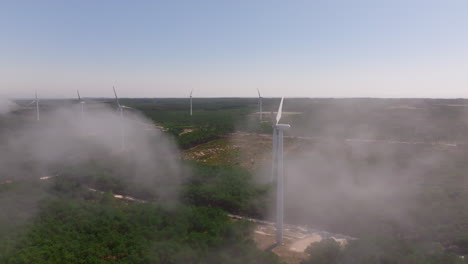 wind farm in a misty forest