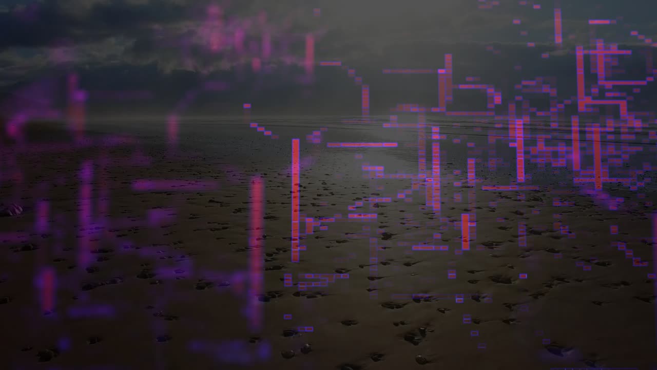 Sovrapposizione di glitch che si sposta, si intensifica e recede, mostrando distorsioni sulla costa al tramonto.