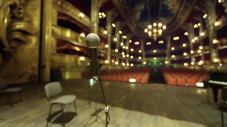 Scenografia per spettacolo con sedie vuote e microfono in teatro storico