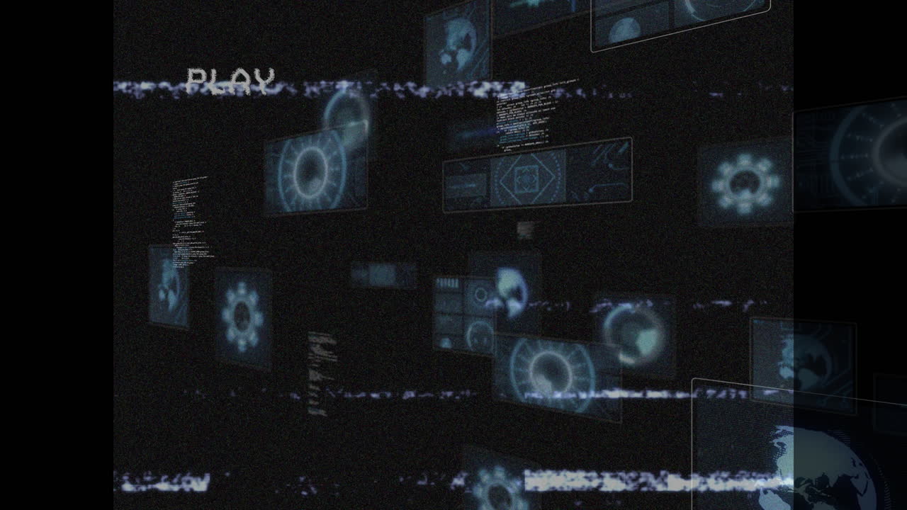 Animation of futuristic digital interface with PLAY text on dark background