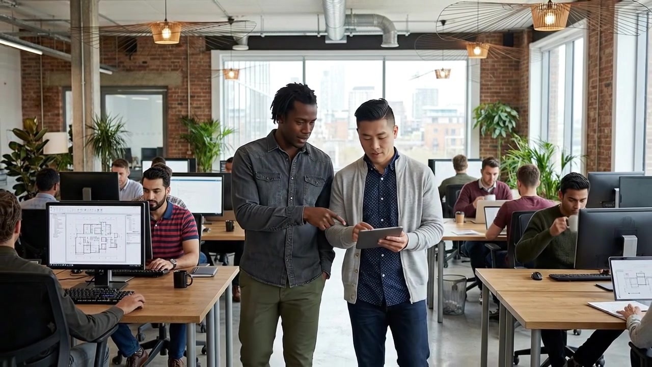 Two Colleagues Discussing Work on a Tablet in a Busy Modern Office