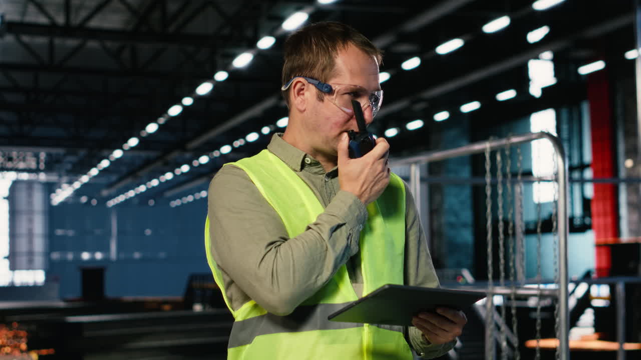 Industrial staff member uses walkie talkie device to coordinate assembly tasks