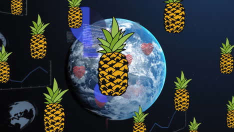 animación del procesamiento de datos sobre piñas y globo.