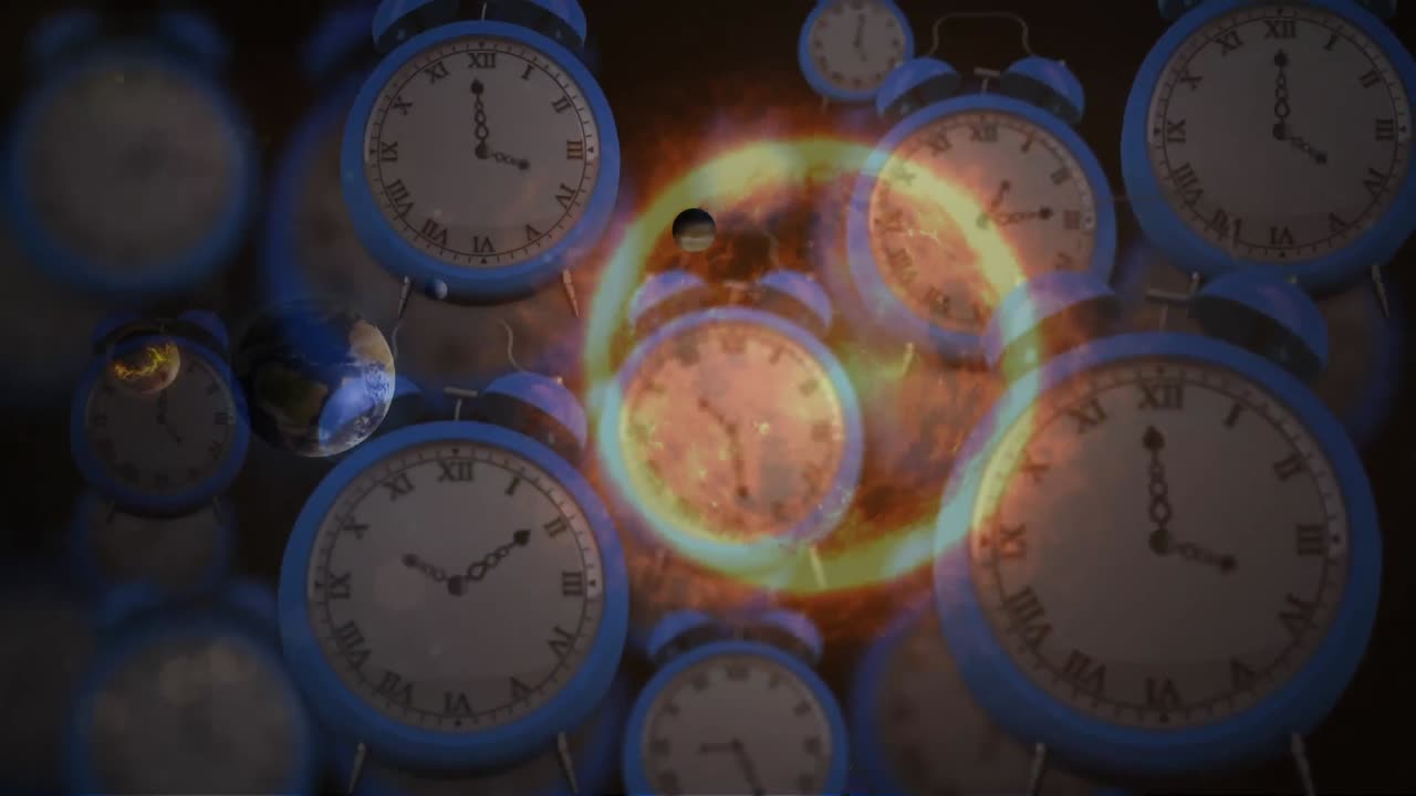 태양계, 행성 및 공간의 애니메이션 시계의 타이킹