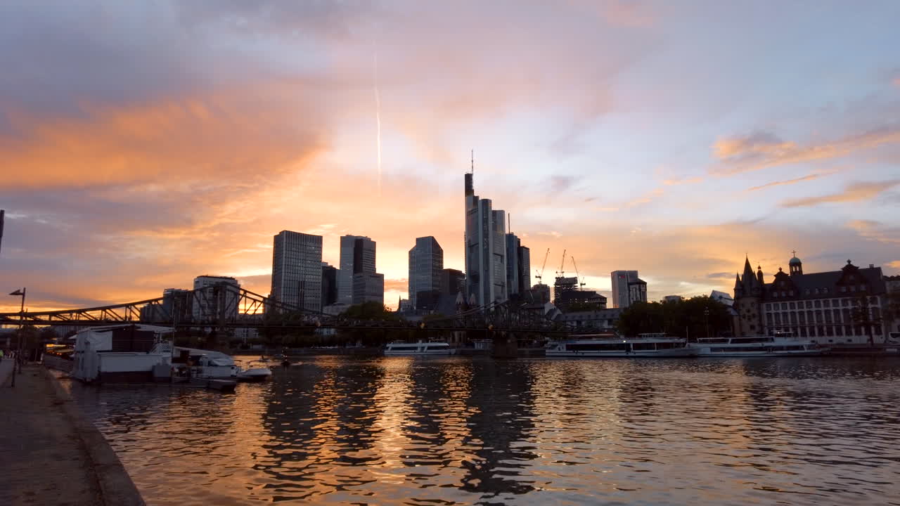 Blick auf die Skyline von Frankfurt vom Main aus am Abend