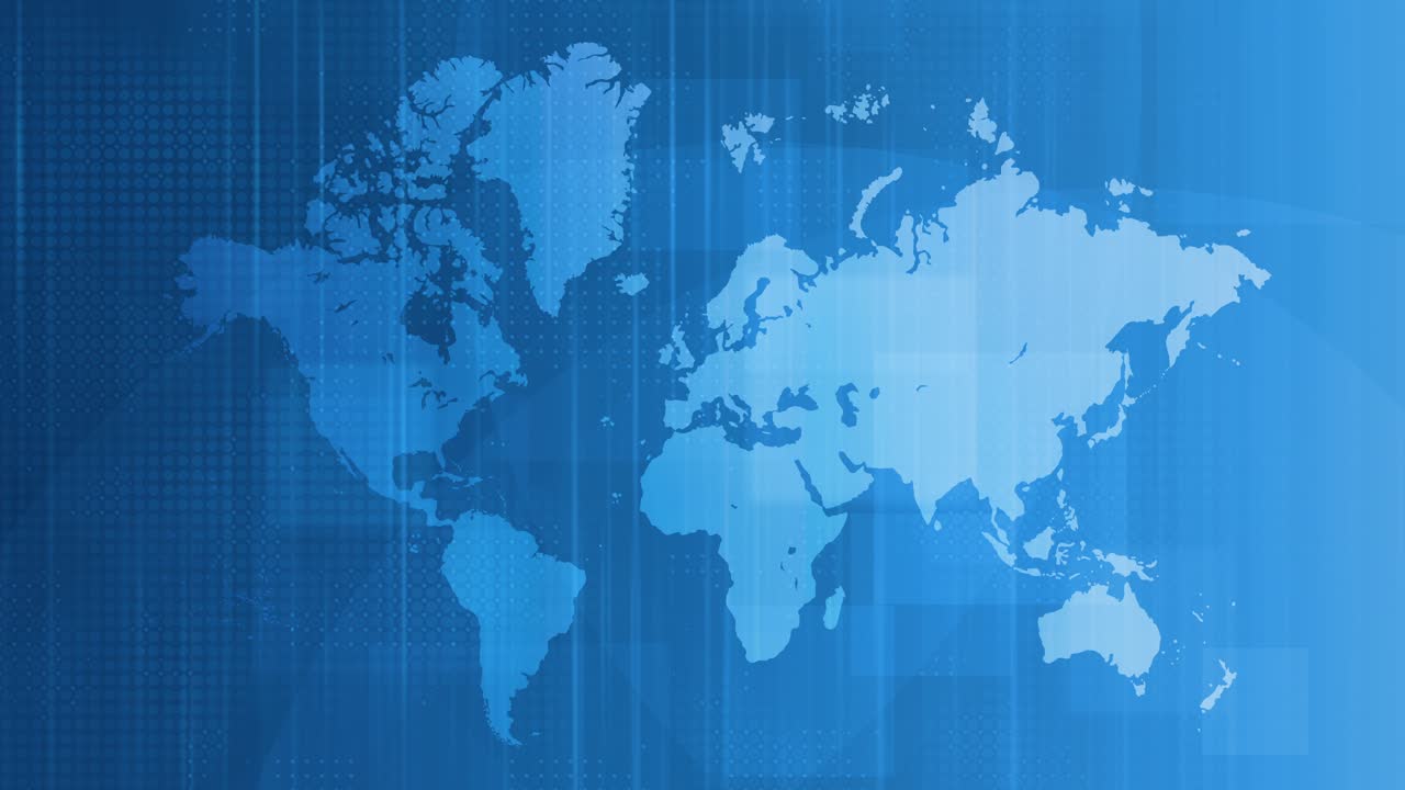 Loopable blue world map background with continents over striped gradient backdrop, news, technology, international business, communication and global network connections