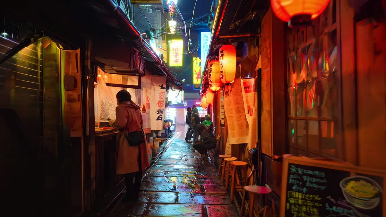 Con hẻm Nhật Bản sống động về đêm với các quầy hàng ăn và đèn neon