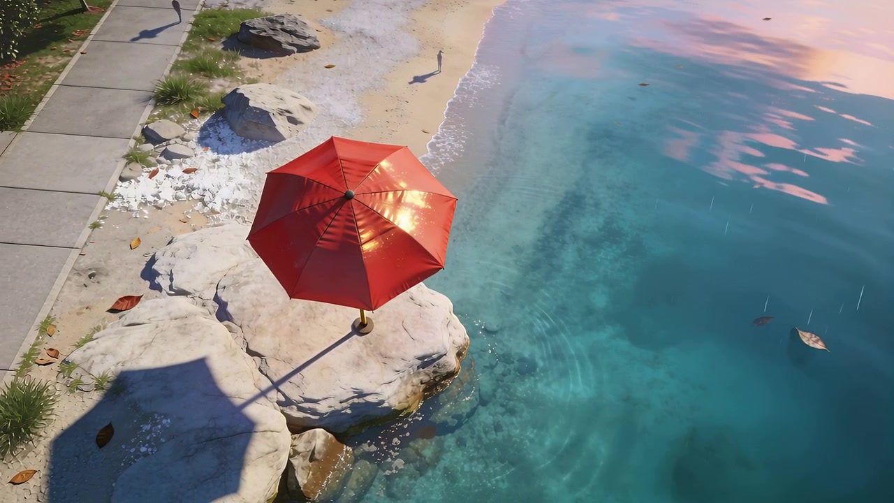 Telecamera che panoramica, mostrando un ombrello rosso su una roccia sulla costa, rivelando increspature e persone che camminano.