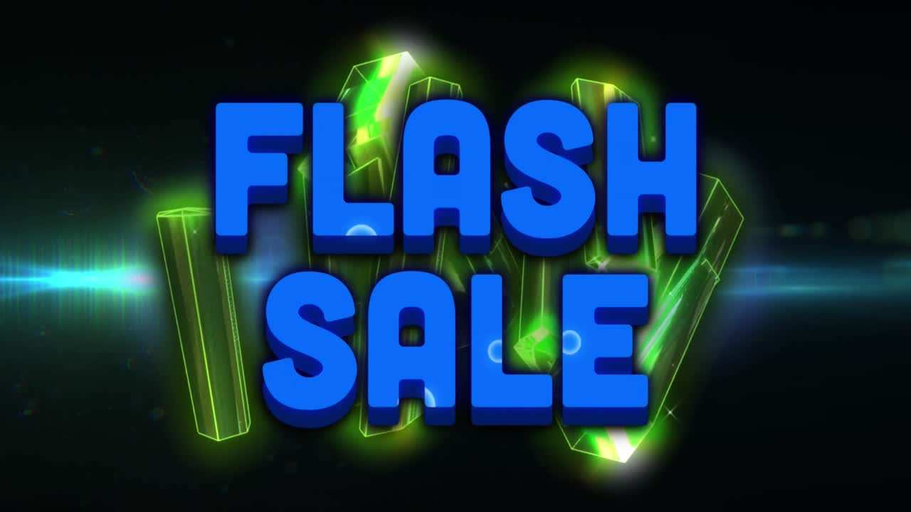 Animazione del testo 'flash sale' su blocchi luminosi su sfondo nero