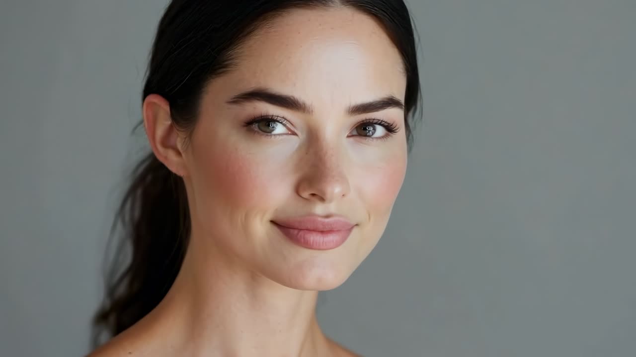 Portrait of a woman with natural makeup against a gray background, captured at eye level