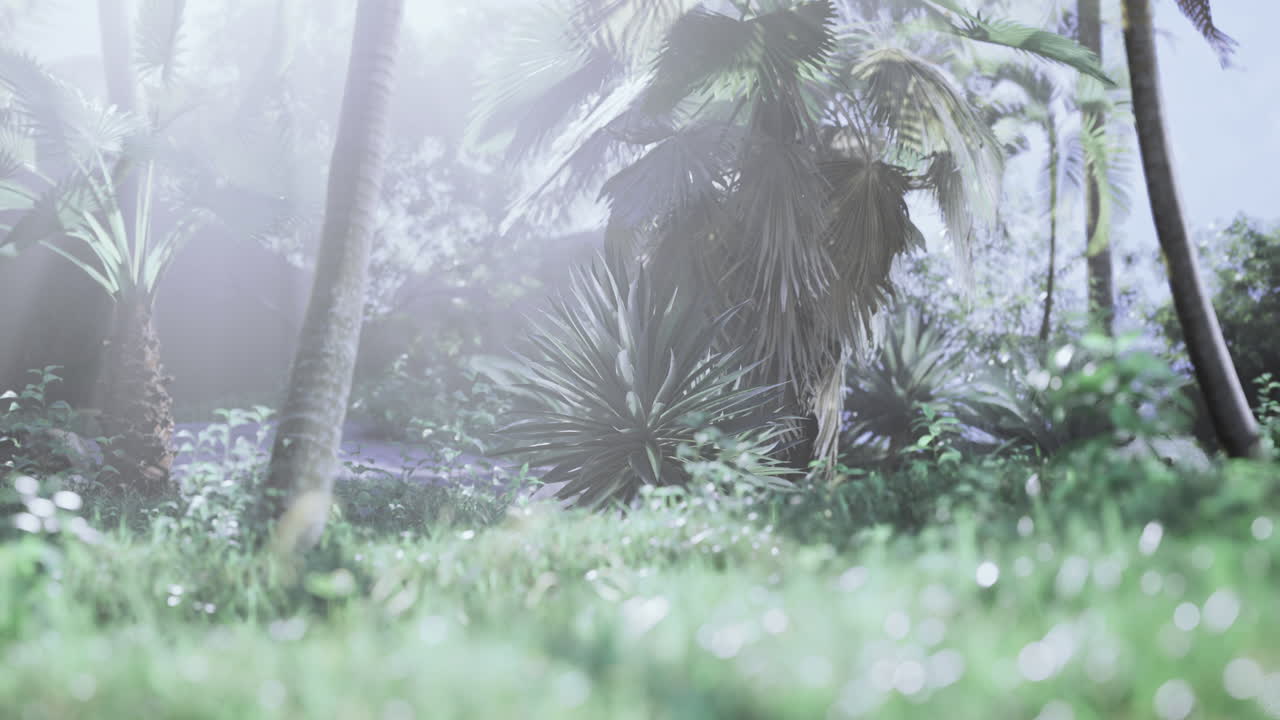 Sunlight filtering through lush foliage creates a tranquil garden atmosphere