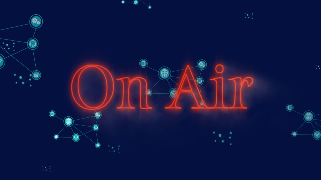 animación de texto en el aire sobre iconos conectados contra un fondo negro