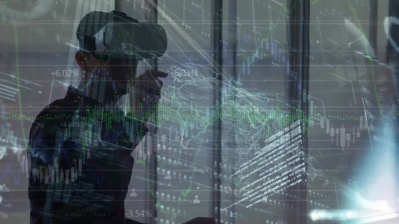 Animasjon av databehandling over hvit mann som bruker VR-hodesett