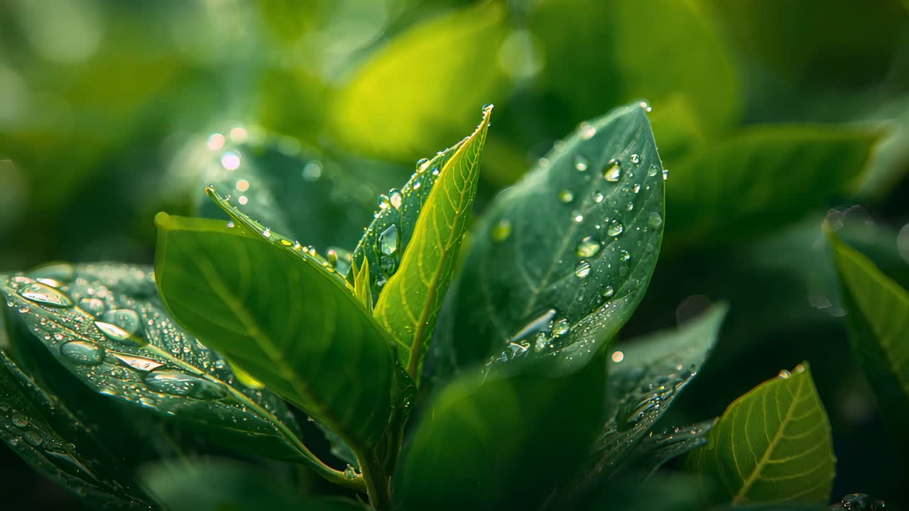Shifting light and rain causing green leaf cluster shedding dew beads sliding along veins in garden