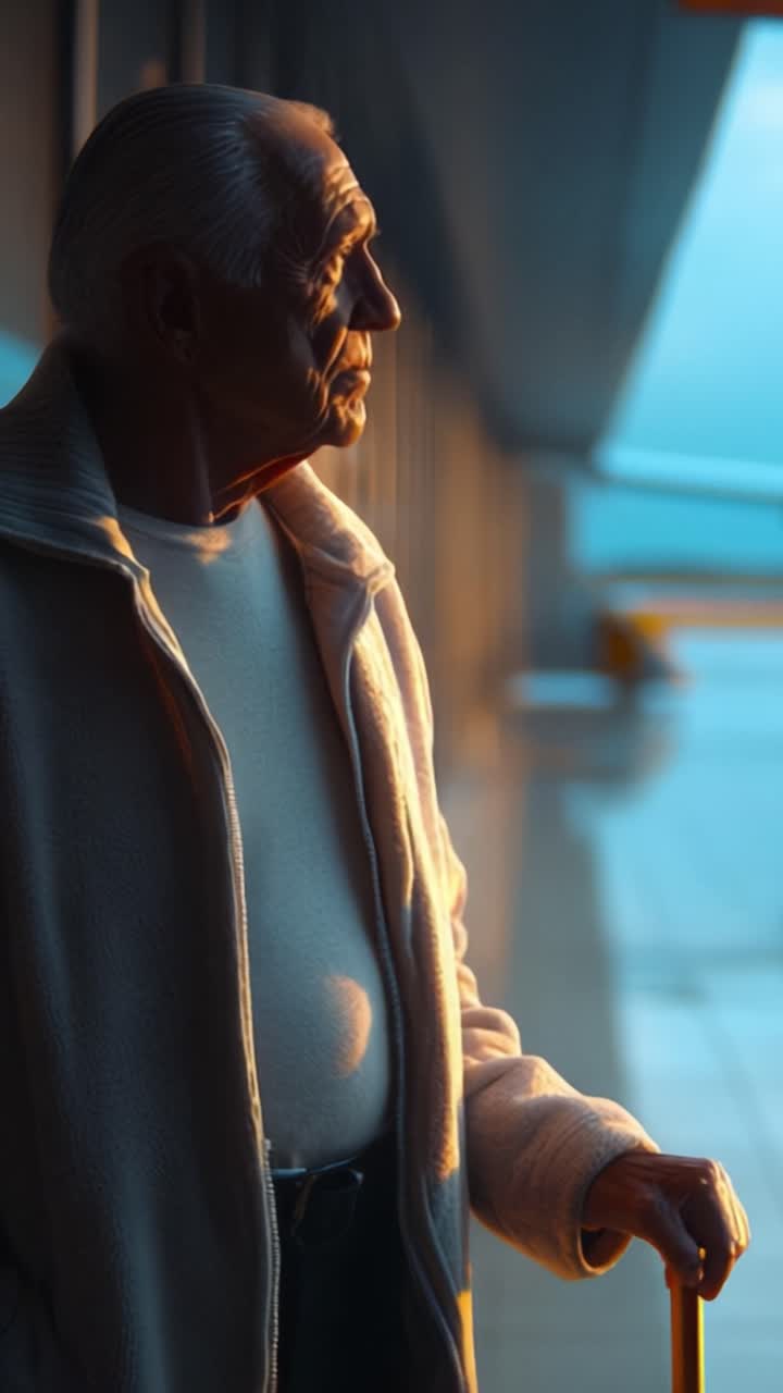 A contemplative senior man stands in soft, warm light, gazing thoughtfully into the distance, embodying wisdom and reflection in a tranquil setting