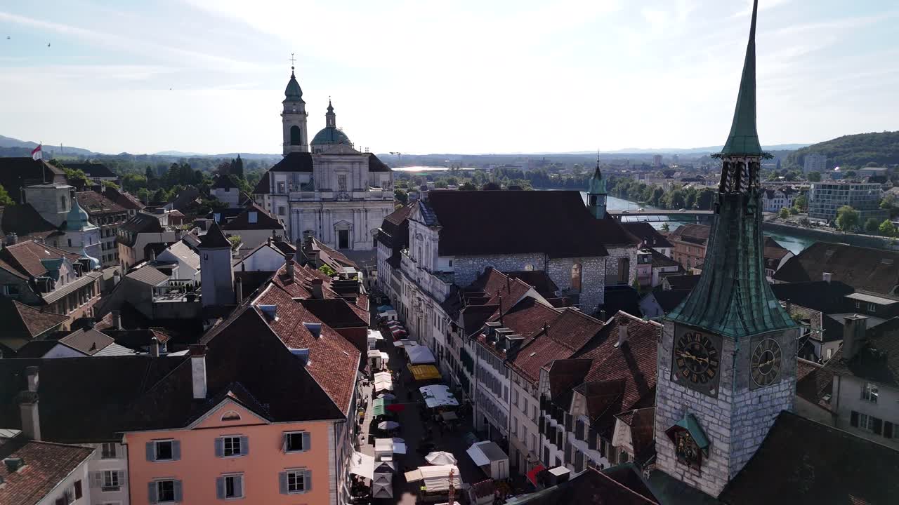Baroque architectural style medieval town Solothurn main high street Switzerland, aerial drone