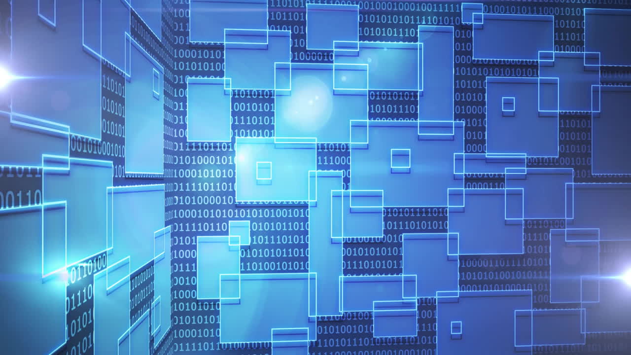 Binary code and geometric shapes animation over blue digital background