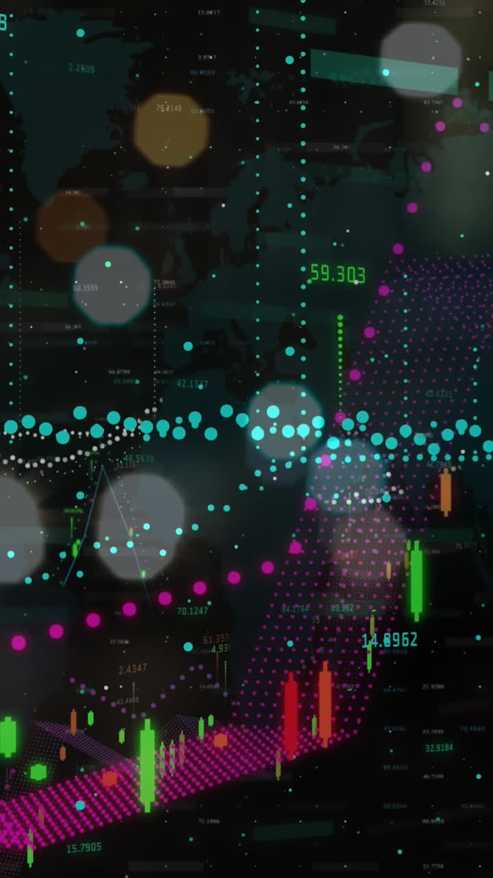 animación del procesamiento de datos financieros sobre luces de carretera de la ciudad fuera de enfoque