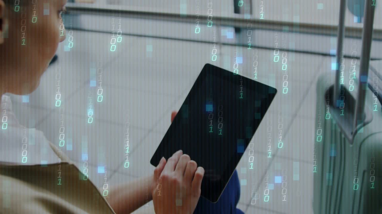 Woman tapping tablet at airport gate, tap causing binary digits overlay near suitcase while waiting
