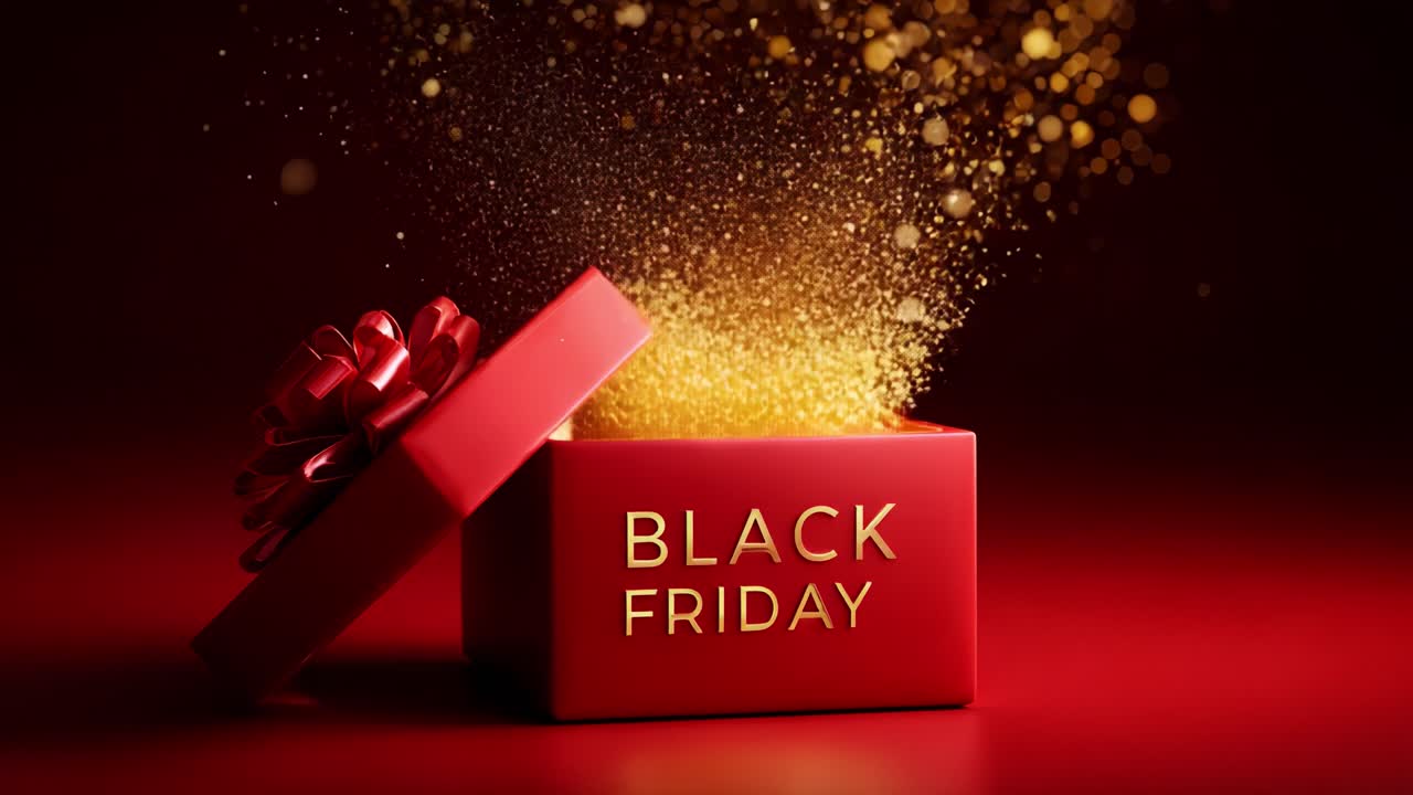 A Festive Surprise Unveiled: Captivating Glitter and Sparkles Emanate from a Red Gift Box with a Bow, Embodying the Essence of Black Friday Shopping Excitement
