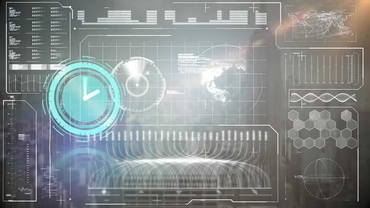 화면에 지구와 함께 빠르게 움직이는 시계와 데이터 처리의 애니메이션