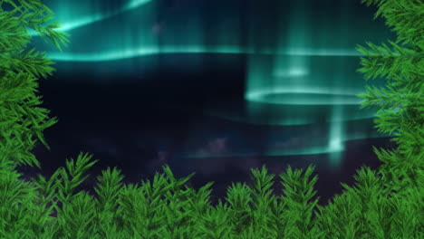 digital animation of green grass forming a frame against colorful light trails in night sky