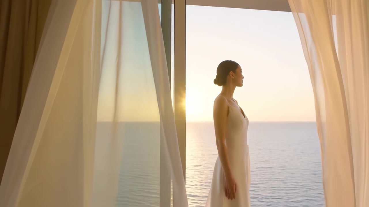 Profilo laterale di donna che rimane vicino a una finestra aperta mentre tende velate fluttuano intorno a lei, con il sole basso che brilla sull'acqua calma e una calda luce serale che riempie l'interno silenzioso
