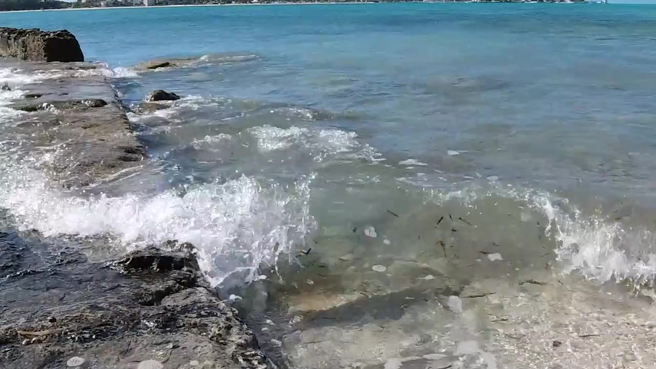 Onde tranquille si infrangono contro un vecchio muro di roccia nelle Bahamas.