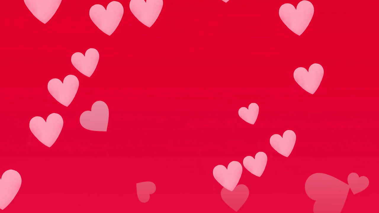 Animation of pink hearts multiplying and rising over red background