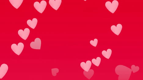 animation of pink hearts multiplying and rising over red background