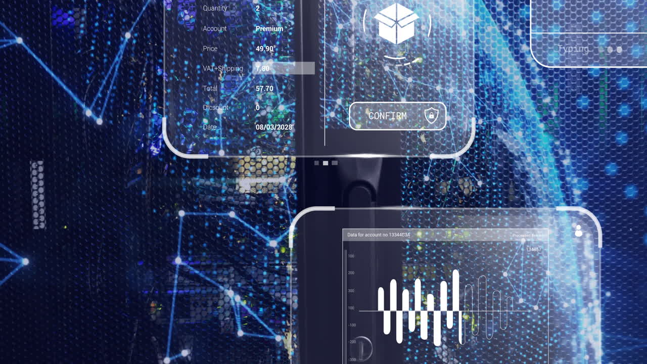Animation of futuristic graphs and network connections for data analysis logistics