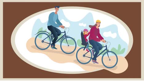 composition of family cycling on brown background