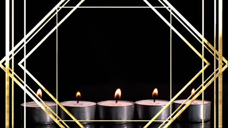 Animation-of-gold-line-pattern-over-lit-tea-light-candles-on-black-background