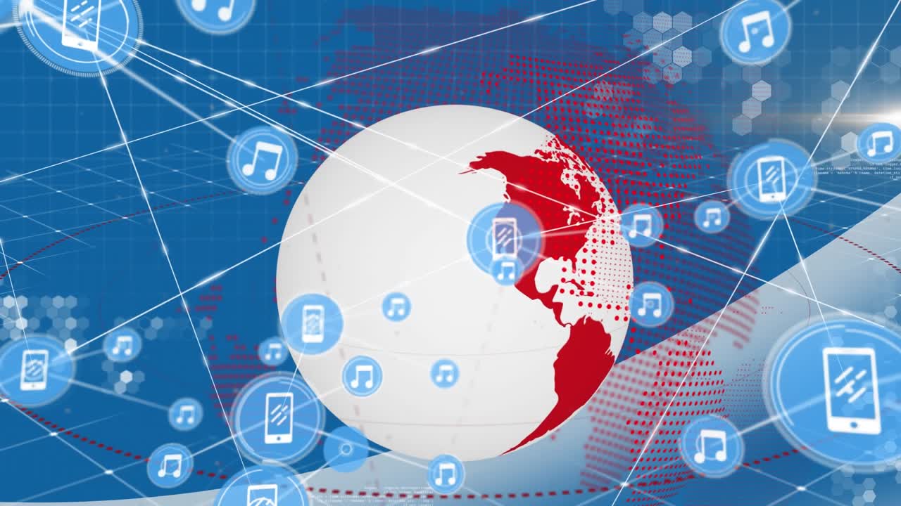 Animazione di rete di connessioni con icone su mappamondo