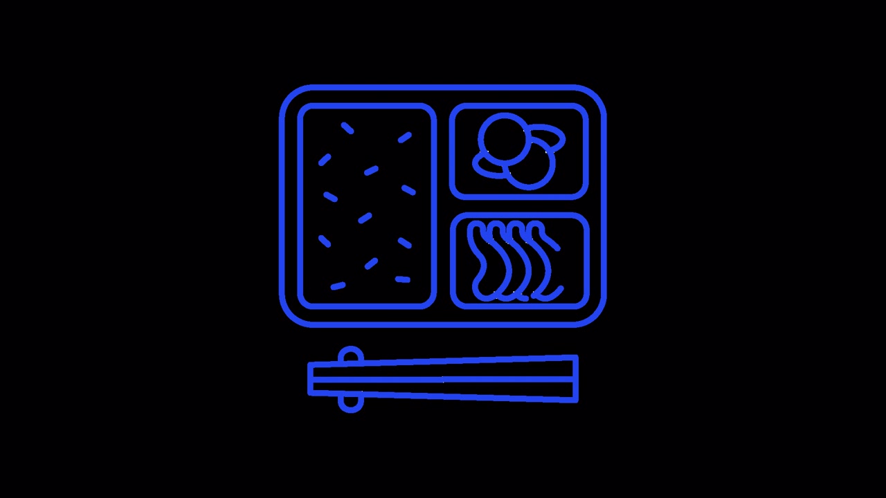 Icono animado de dibujo lineal de una caja bento con palillos