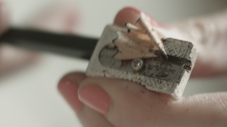 Person sharpening a pencil in a metallic sharpener