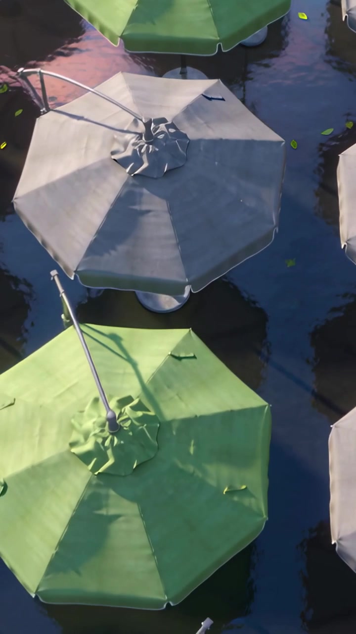 Video verticale: Telecamera in panoramica che mostra una tettoia ottagonale verde sopra una piscina scura, rivelando un motivo.