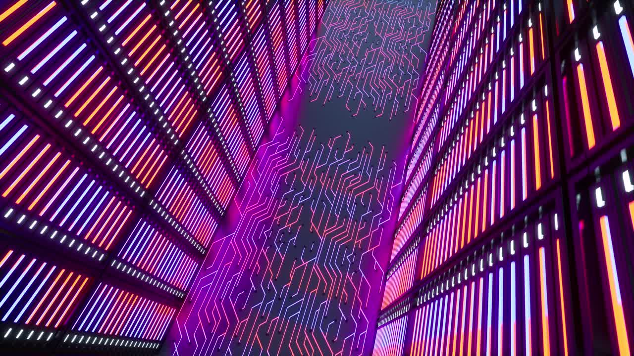 centro de datos con red de servidores, base de datos de red blockchain, bastidores y pilas con luces de neón que crean un largo corredor, vista de arriba hacia abajo de animación 3d