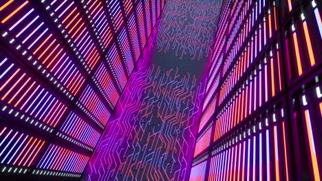 Datacenter-with-servers-network,-blockchain-network-database,-racks-and-stacks-with-neon-lights-creating-a-long-corridor,-3D-animation-top-down-view