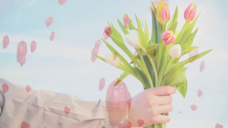 mid-section of a man holding a bouquet of tulips with a blue sky background