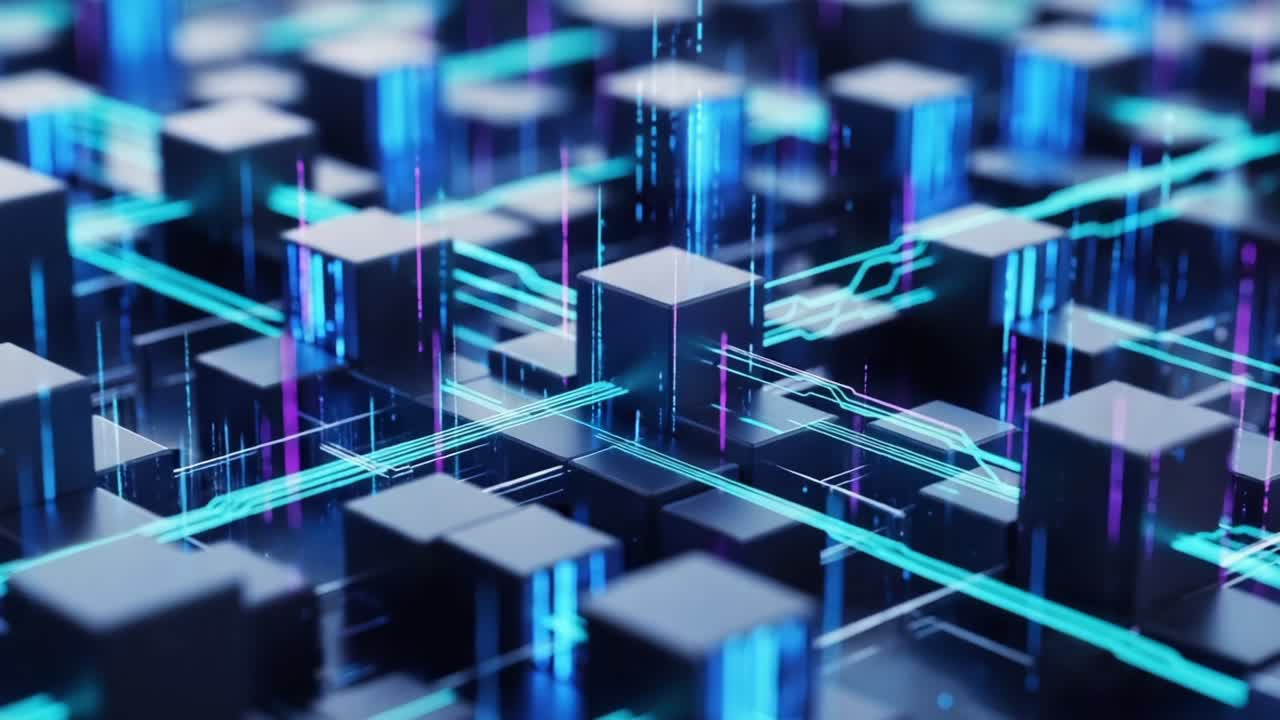 Exploring the Digital Frontier: A High-Tech Visualization of Interconnected Data Blocks and Futuristic Patterns Representing the Flow of Information in Cyber Networks