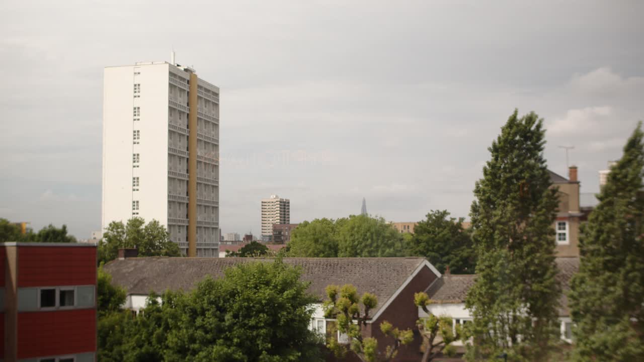 Cinematic shot of council estate high-rise apartment block in London